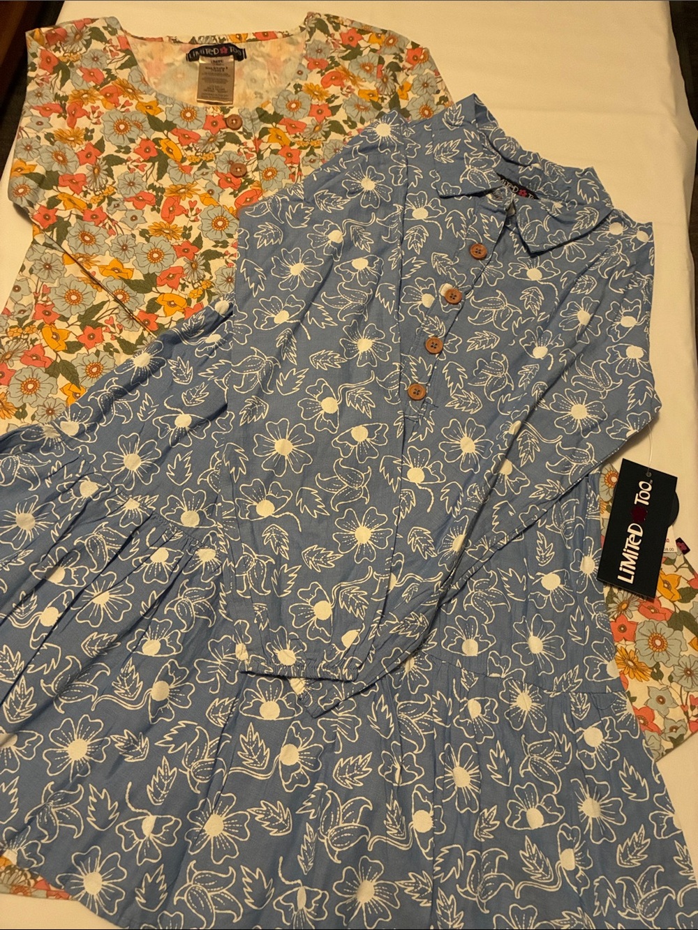 Limited Too Blue and White Floral Button-Tier Dress with Orange Floral Layer